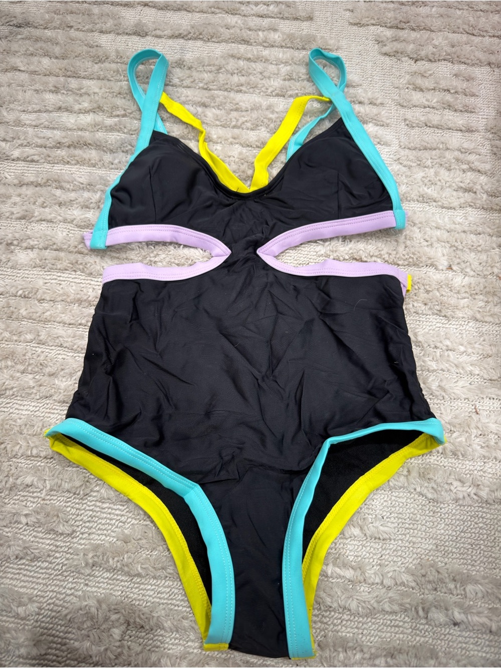 New women’s ' Black One-Piece Cutout Swimsuit with Aqua & Yellow Trim